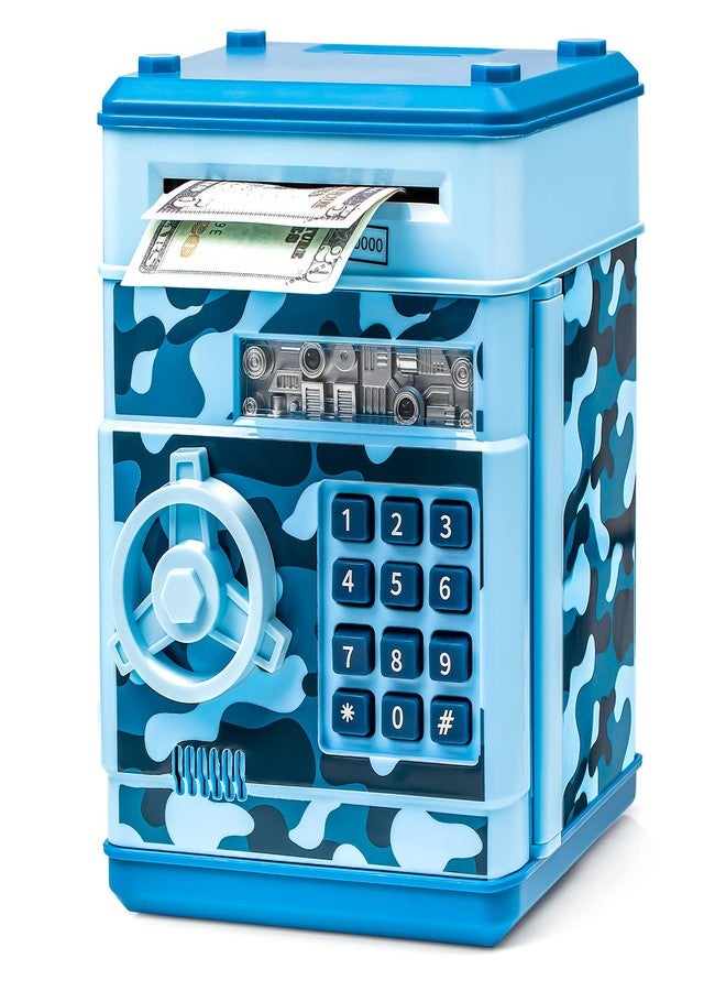Vcertcpl ATM Piggy Bank for Boys Girls, Vcertcpl Mini ATM Coin Bank Money Saving Box with Password, Kids Safe Money Jar for Adults with Auto Grab Bill Slot, Great Gift Toy Bank for Kids (Camouflage Light Blue) - Image 1